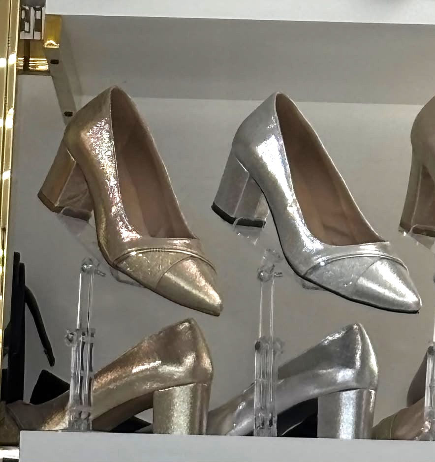 Shimmer Pointed-Toe Block Heel