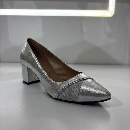 Shimmer Pointed-Toe Block Heel