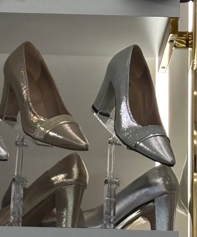 Metallic Pointed-Toe Block Heel