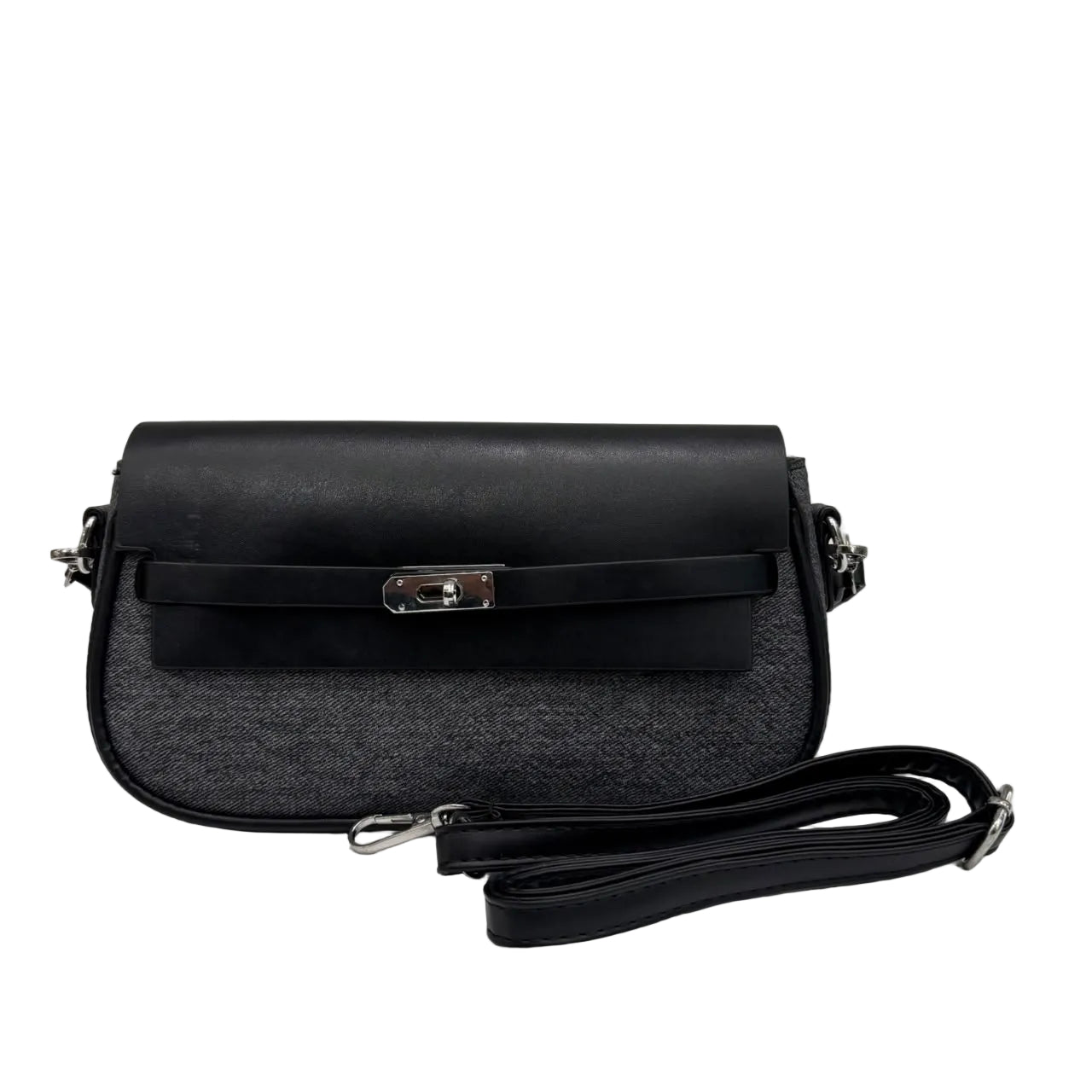 Structured Canvas & Leather-Style Shoulder Bag with Flap Closure